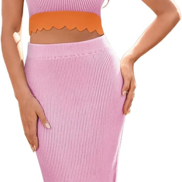 Summer Two Piece Skirt Set Women Color Block Crop Top Ribbed Bodycon Midi - Picture 1 of 7
